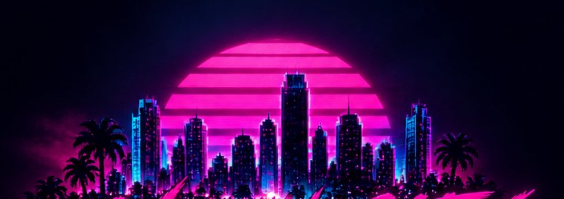 Neon city skyline at night